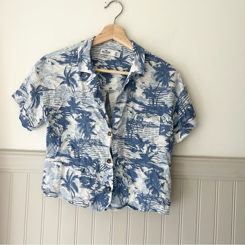 Hollister Hawaiian Palm Tree Cropped Button Down Shirt XS Blue White